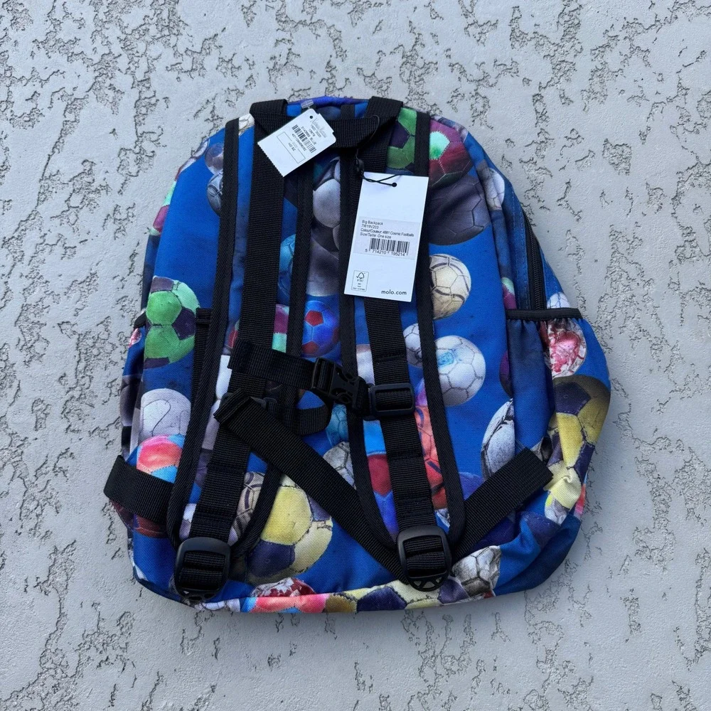 Molo Big Backpack Cosmic Footballs Blue Soccer Print Kids Bag 7W19V203 NWT